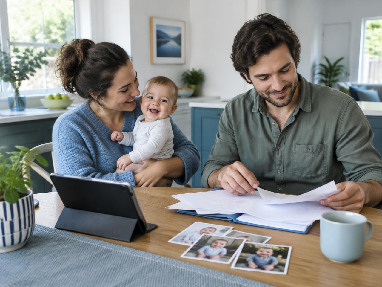 Parents organize baby photos and family papers with their smiling infant