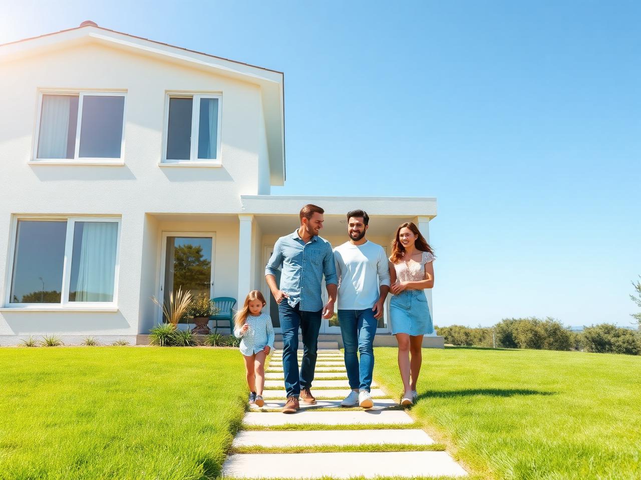 A family outside their sunlit home